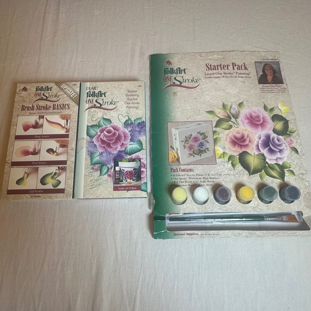 Donna Dewberry FolkArt One Stroke Painting VHS Lot & Rose Bouquet Starter Pack